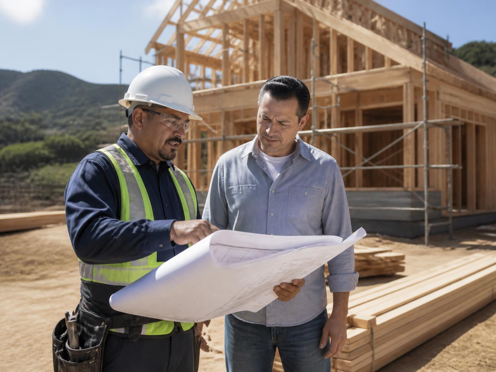 Bridge general contractor reviewing rebuild plans with a homeowner at an Altadena framing jobsite